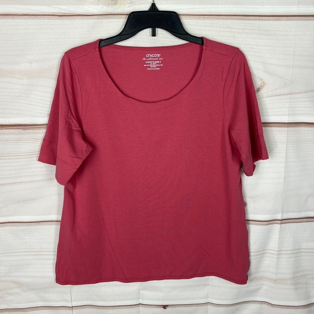 Chicos Top Womens 2 L Pink Ultimate T-Shirt Double Knit Scoop Neck Short‎ Sleeve